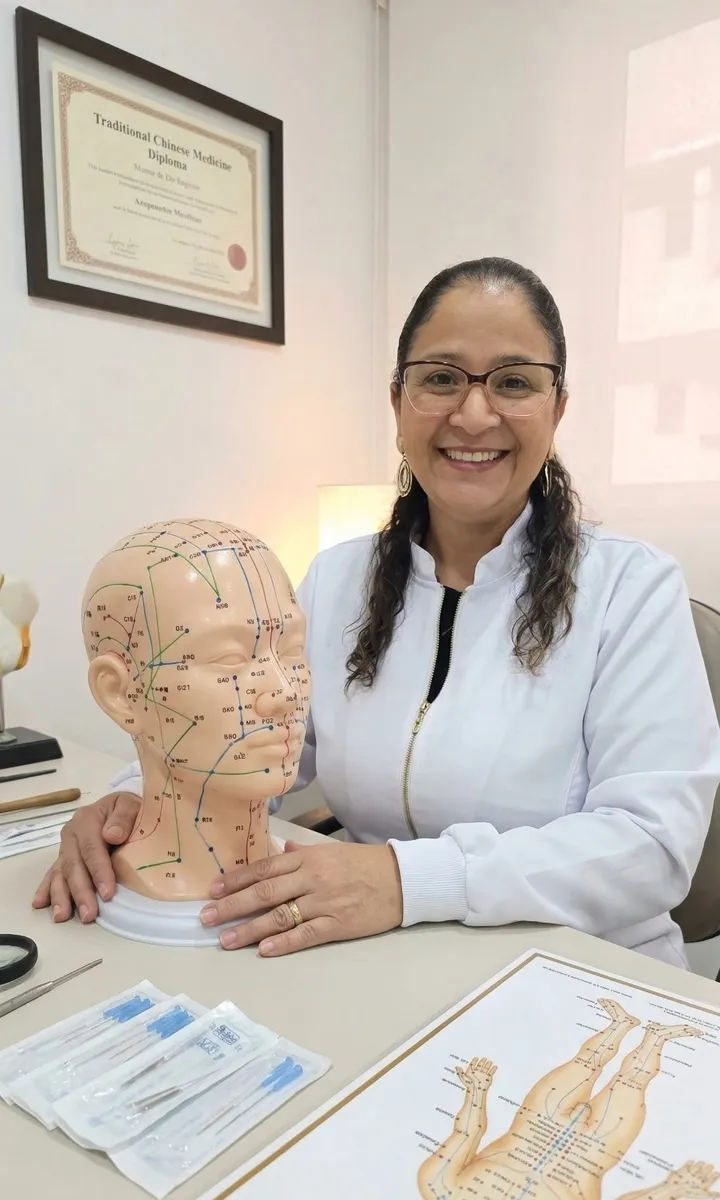 Mônica Rodrigues, acupunturista e massoterapeuta da TianXiang, sorrindo no consultório